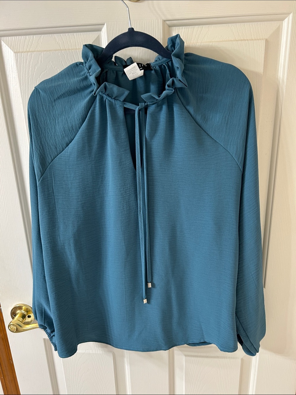 Ariella Teal Ruffle-Tie Neck Blouse